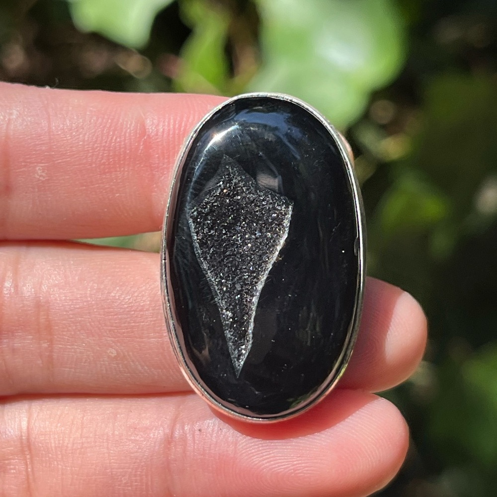 Size 9.5 925‎ silver plated druzy black onyx ring